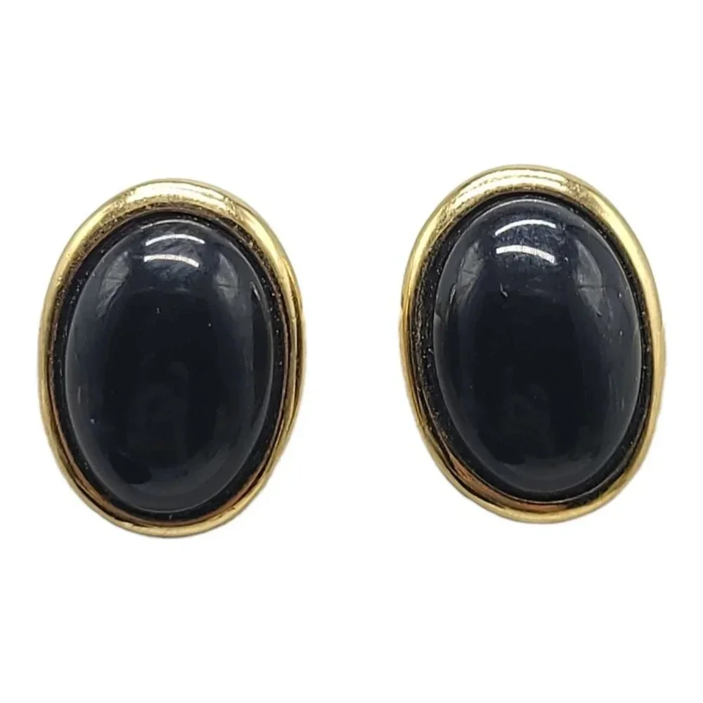 Trifari 1980s Gold Tone Oval Black Acrylic Cabochon Post Earrings Vintage